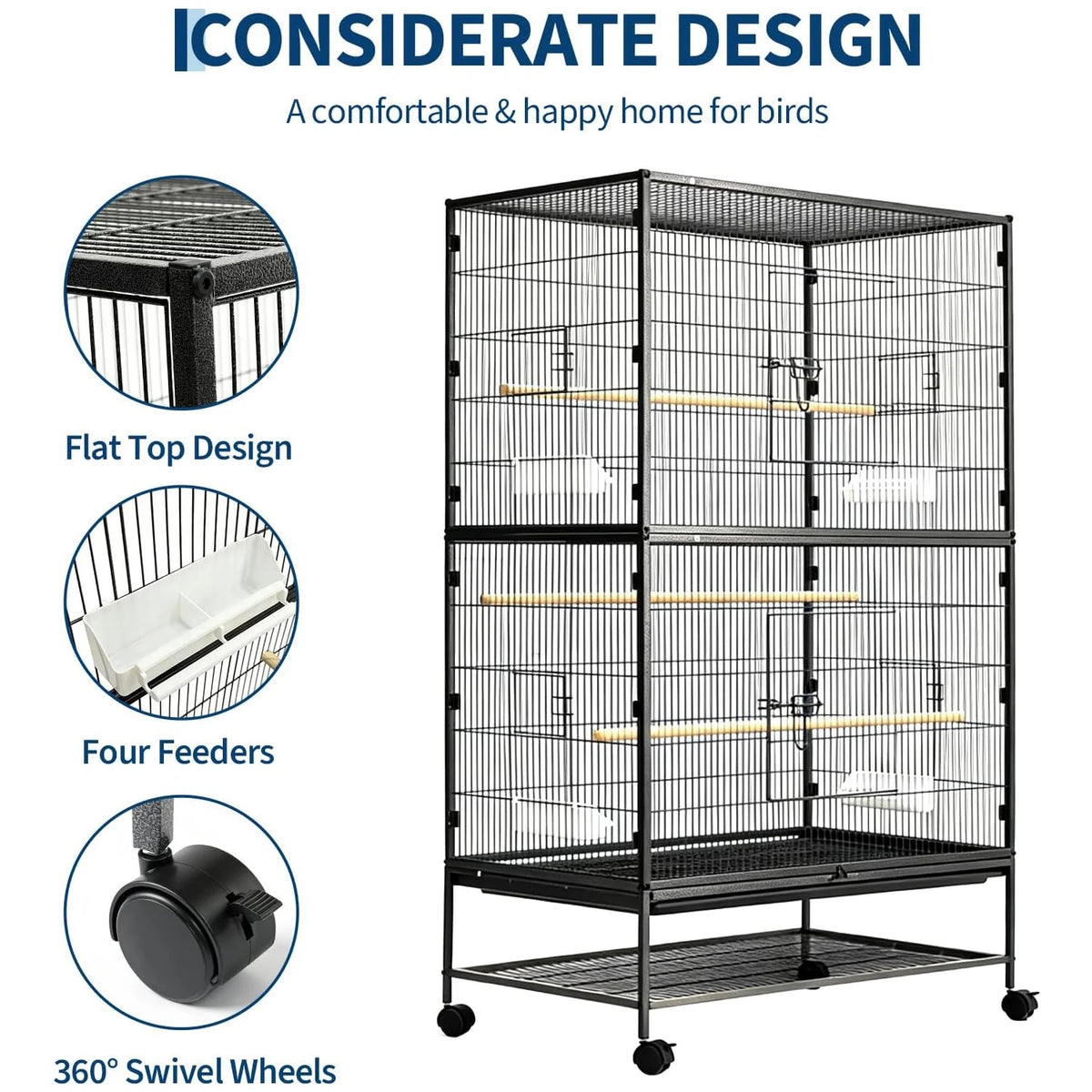 61" H Large Bird Cage, Bird Cage with Rolling Storage Stands, Feed Bowls, Wide Tall Parakeet Cage for Macaw, Parakeets, Parrot, Conures, Cockatiel, Cockatoo