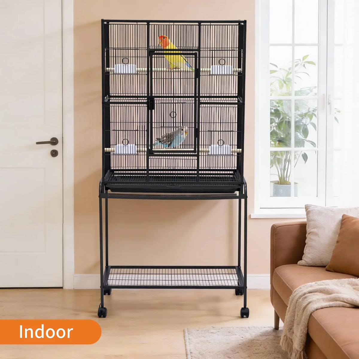 Large Bird Cage, 62" H Birdcage with Detachable Storage Shelf for Parakeets Parrots Conures Cockatie,Tall Flight Aviary with Rolling Stand, Feeding Bowls