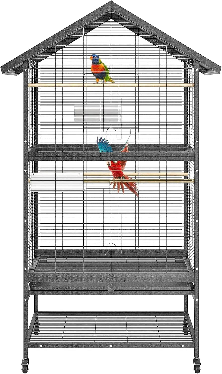 65.7inch Luxury Large Wrought Iron Bird Cage with Rolling Stand, Tray, Feeders, Perches Metal Steel Corner Parrot Canary Aviary Pet House Indoor Outdoor Use