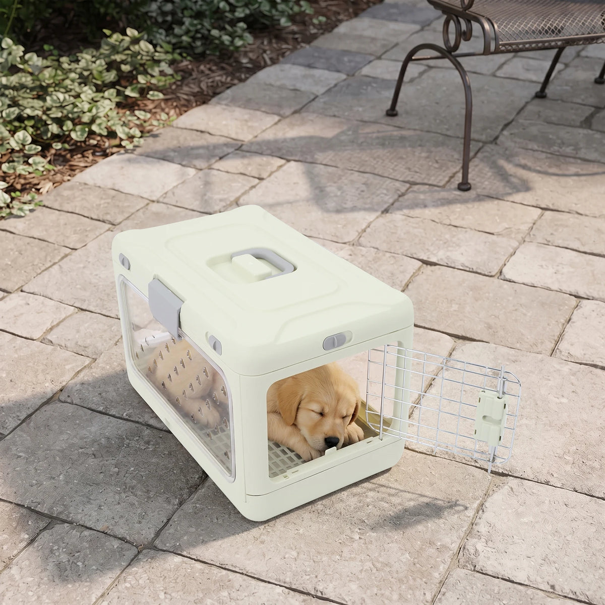 Light Green Foldable Pet Carrier, Hard PP Iron Portable Pet Cage with Breathable Holes & Clear View, 50*32*31cm/19.69*12.6*12.2in Unfolded, Internal Load 20kg/44.09lbs, for Cats Small Dogs Travel