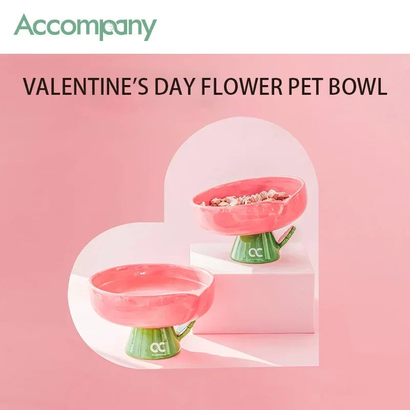 Tulip Shaped Elevated Ceramic Cat Bowl, Raised Pet Food Water Bowl for Cats, Anti-Vomiting Kitten Feeder