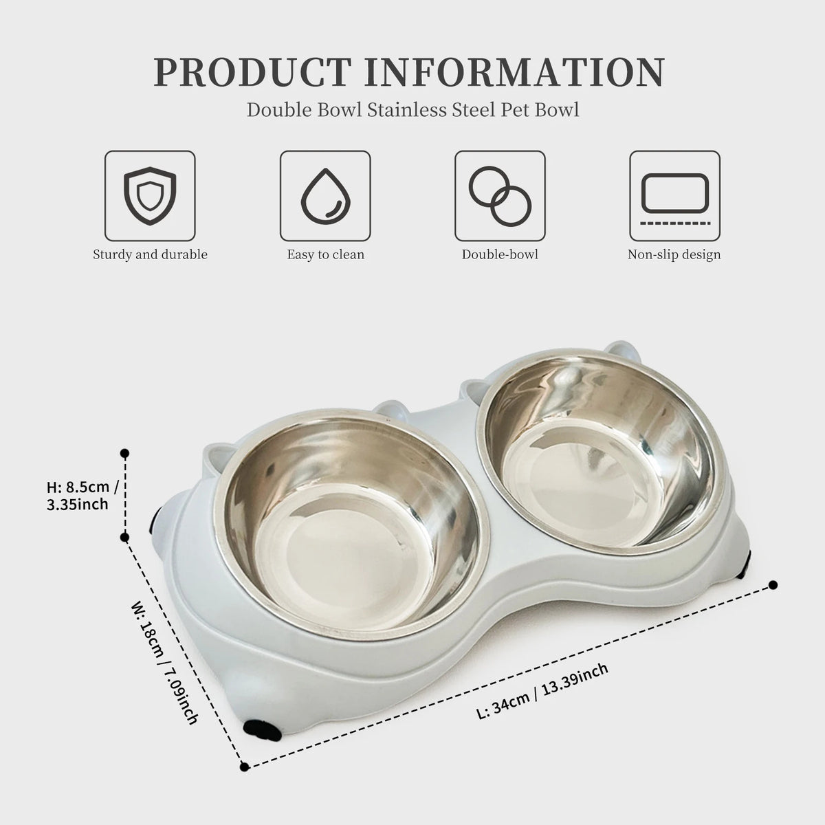 Anti-Slip Pet Food Bowl Double Stainless Steel Cat Dog Feeder with Non-Skid Base, 600ml Large Capacity Water Dish for Indoor Cats Kittens Puppies Small Dogs, Easy Clean Detachable Bowls