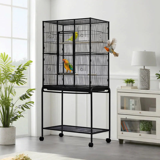 Large Bird Cage, 62" H Birdcage with Detachable Storage Shelf for Parakeets Parrots Conures Cockatie,Tall Flight Aviary with Rolling Stand, Feeding Bowls