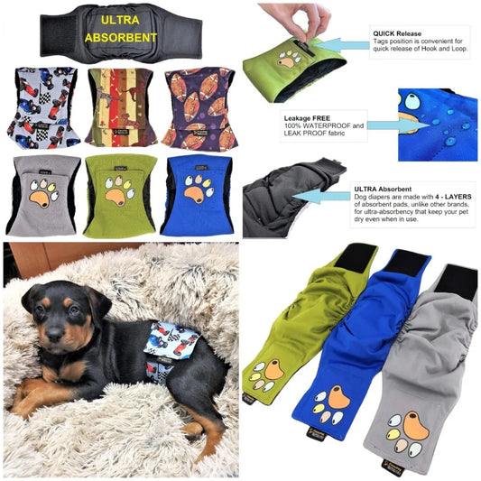 Pack of 6 Male Dog Diapers 4 - Layers of Absorbent Pads Waterproof Leak Proof Belly Band Wrap