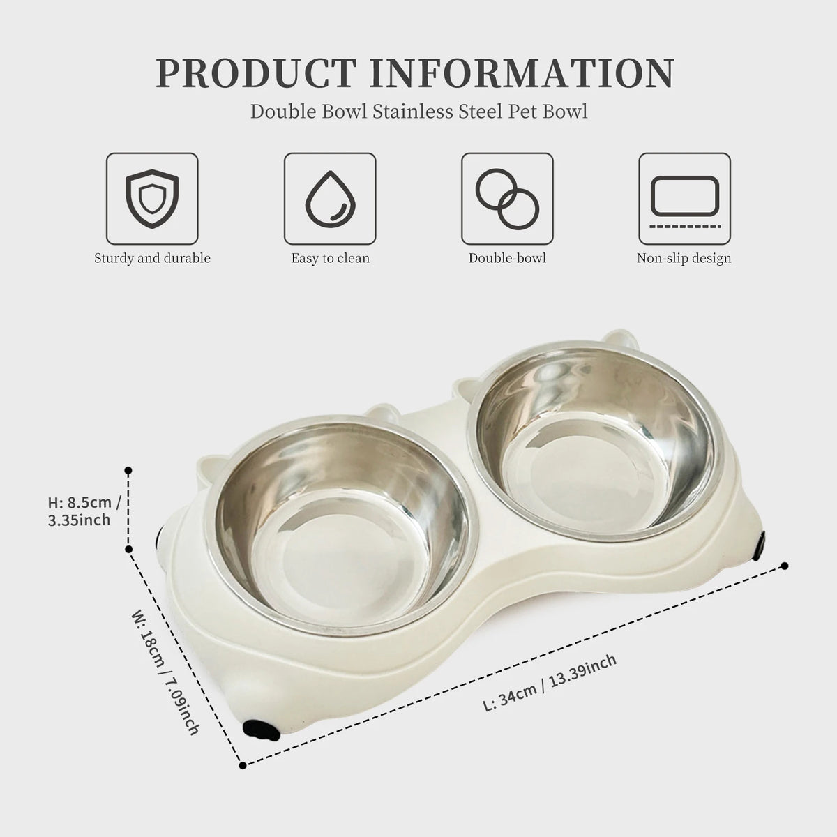Anti-Slip Pet Food Bowl Double Stainless Steel Cat Dog Feeder with Non-Skid Base, 600ml Large Capacity Water Dish for Indoor Cats Kittens Puppies Small Dogs, Easy Clean Detachable Bowls