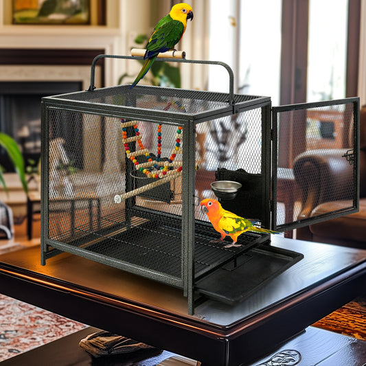 Wrought Iron Bird Travel Carrier Cage Parrot Cage with Handle Wooden Perch & Seed Guard for Small Parrots Canaries Budgies Parro