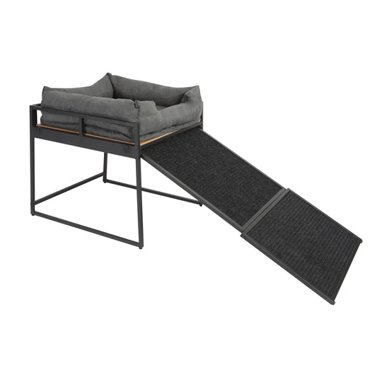 Dog Bed Ramp Elevated Pet Platform 22 Inch Non Slip Access Ramp With Soft Bolster Cushion Sturdy Metal Frame And Wood Trim