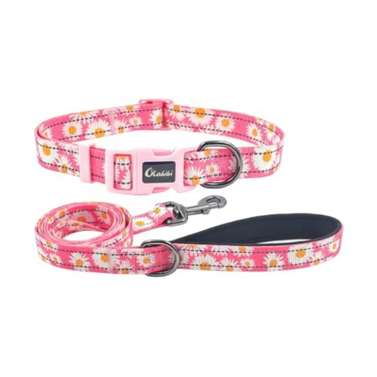 Dog Collar Leash Set, Floral Pattern, with Safety Reflective Strips, 5 Feet Matching Leash, Neoprene Padded Handle, Adjustable