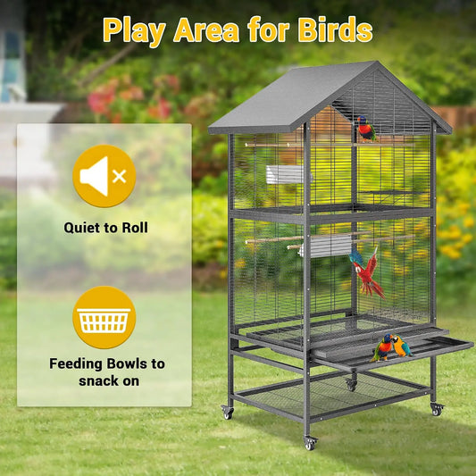 65.7inch Luxury Large Wrought Iron Bird Cage with Rolling Stand, Tray, Feeders, Perches Metal Steel Corner Parrot Canary Aviary Pet House Indoor Outdoor Use