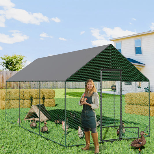 Large Outdoor Upgrade Metal Chicken Coop Walk-in Poultry Run Pen Cage Pet Duck Hen House with Nylon Netting and Cover for Yards