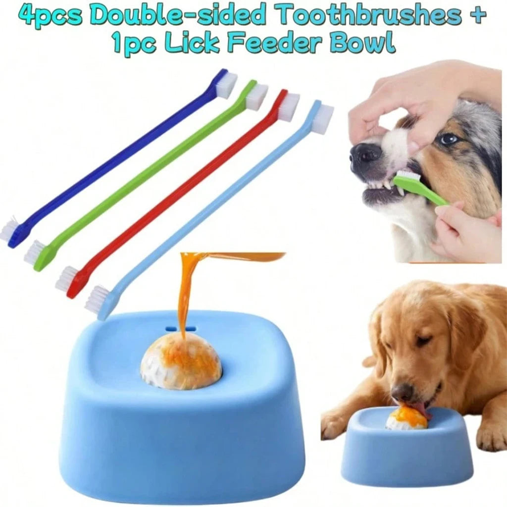 5pcs Anti-Choking Slow Feeder Dog Bowl Non-Slip 3/4 Cup -4pcs Double-Sided Toothbrushes + 1pc Lick Feeder Bowl , Lick Toy for Liquid Treats Bone Broth Ice Cream Yogurt