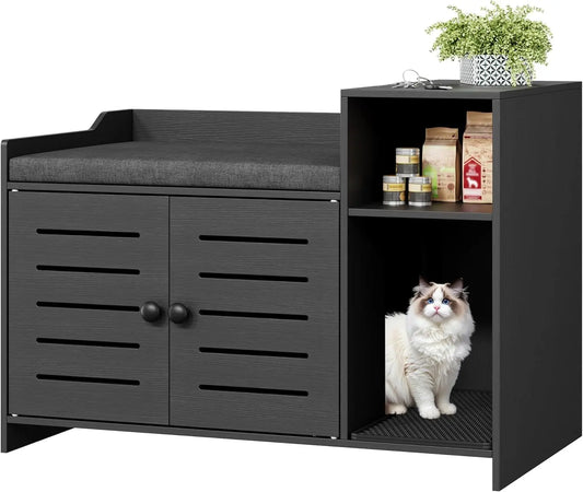 Farmhouse Cat Litter Box Enclosure – Hidden Litter Box Cabinet Furniture with Scratch Pad, Storage Layer, and Indoor Cat House for Hallway, Bedroom or Living Room