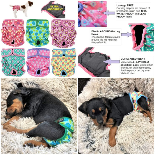 Pack of 6 Female Dog Diapers with 4 - Layers of Absorbent Pads Cat Panties Waterproof Leak Proof