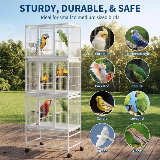 74 Inch Tall Bird Cage, Large Bird Flight Aviary with 3 Dividable Compartments for Parakeets Cockatiels Conures Finches, Heavy Duty Parrot Parakeet Cage with Slide Out Trays